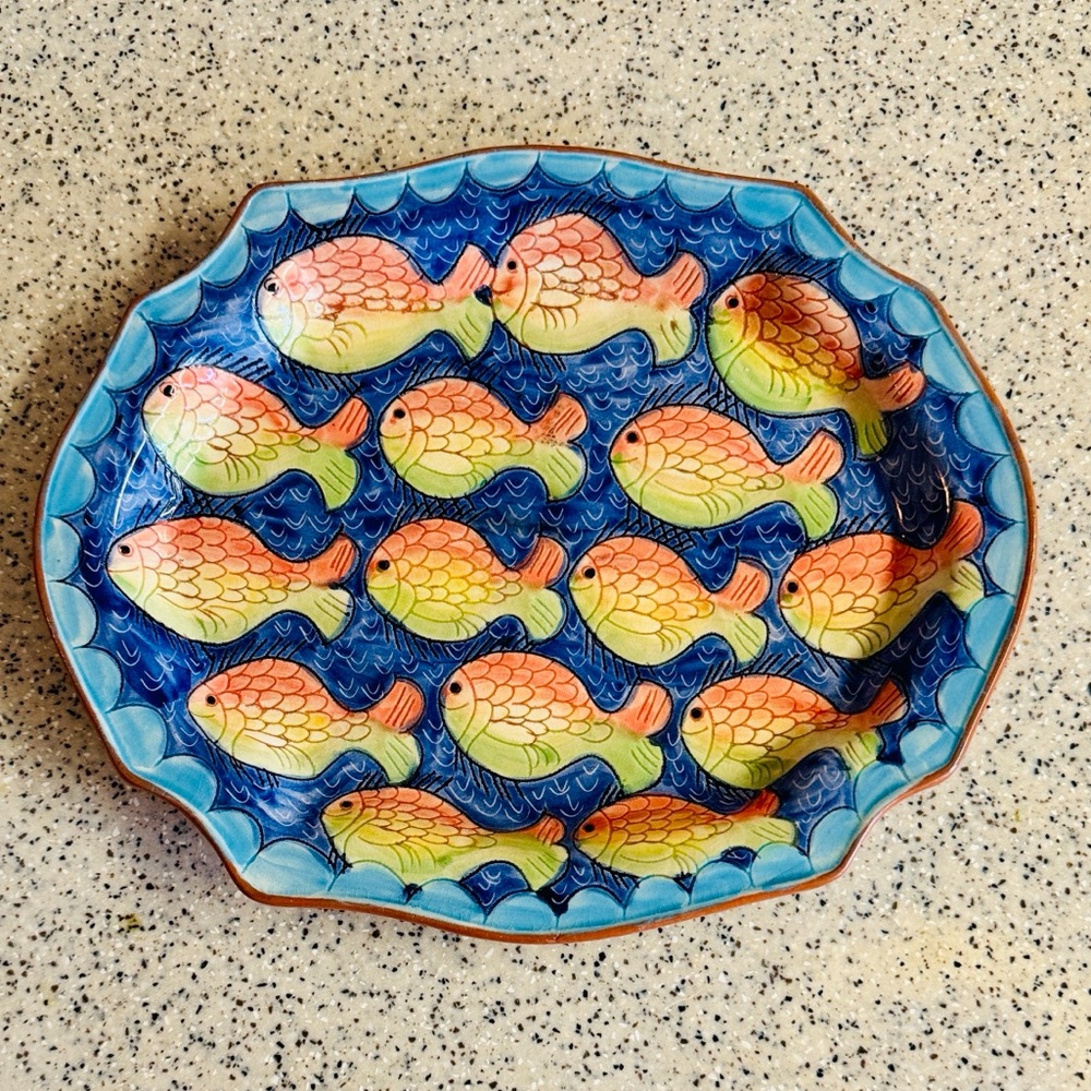 Vintage Signed Sao Pedro do Corval Portuguese hand painted blue+green platter